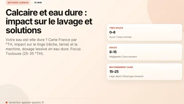 Carte de France montrant le taux de calcaire dans l'eau et son impact sur le linge. Trois niveaux : très douce (0-8), douce (8-15), moyennement dure (15-25).