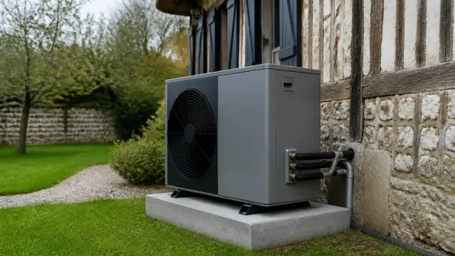 Unité extérieure d'une pompe à chaleur, installée dans un jardin verdoyant. Un avantage adoucisseur d'eau pour une maison économe.