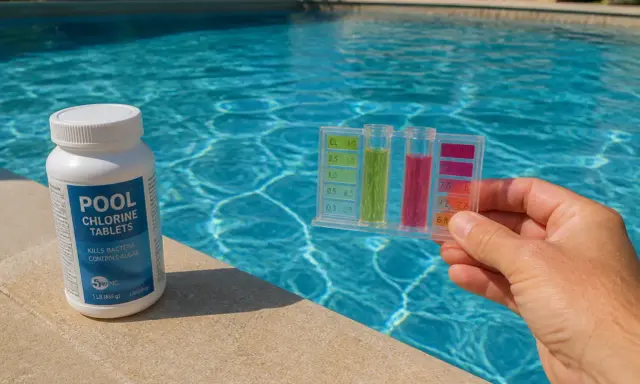 Test de chlore et de pH pour piscine, avec une bouteille de pastilles de chlore. Le temps d'évaporation du chlore dans l'eau est une préoccupation.