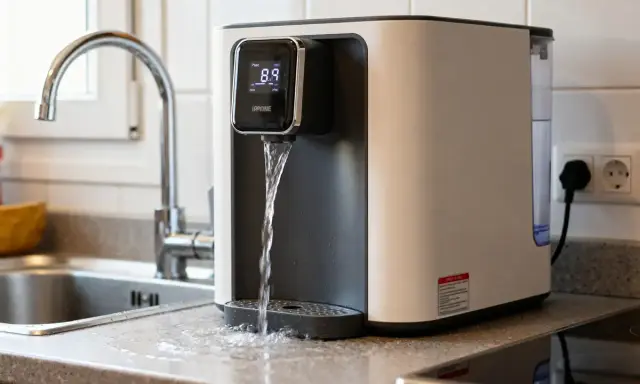 Un purificateur d'eau moderne verse de l'eau dans un évier de cuisine. L'appareil affiche "8.9" sur son écran numérique.