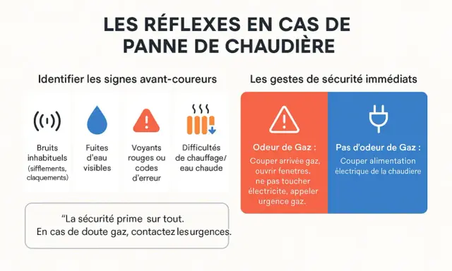 Guide sur les réflexes en cas de panne de chaudière fioul : bruits inhabituels, fuites, voyants rouges, difficultés de chauffage. Que faire si la chaudière fioul démarre puis s'arrête.