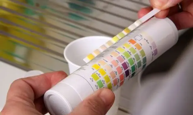 Bandelette réactive pour la mesure de dureté de l'eau, comparée à un tableau de couleurs.