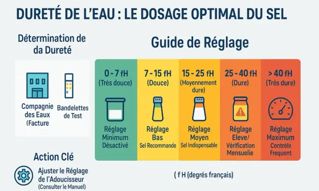 Guide pour ajuster le sel de votre adoucisseur d'eau selon sa dureté. L'eau moyennement dure (15-25 fH) nécessite un réglage moyen et du sel indispensable.