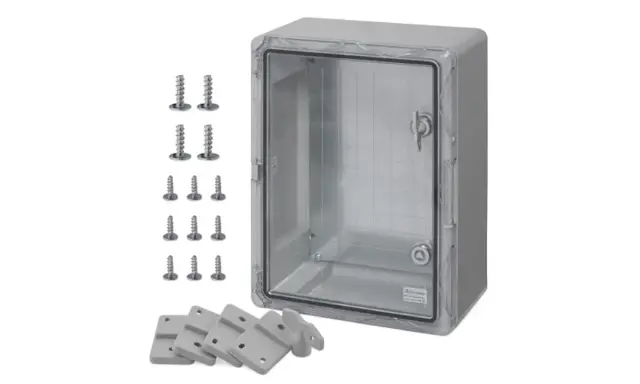 Coffret PVC transparent avec porte verrouillable, accompagné de vis et de supports de fixation. Idéal pour protéger vos équipements.