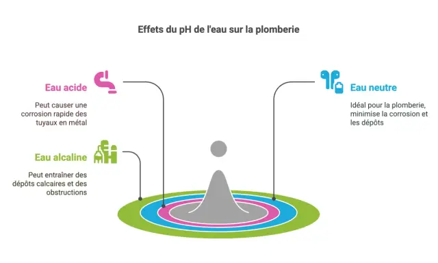 L'eau acide corrode les tuyaux, l'eau alcaline cause des dépôts. L'eau neutre est idéale pour la plomberie, minimisant la corrosion et les dépôts.