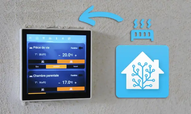 Écran tactile de domotique affichant la température de deux pièces. Apprenez comment programmer un programmateur pour optimiser votre confort.