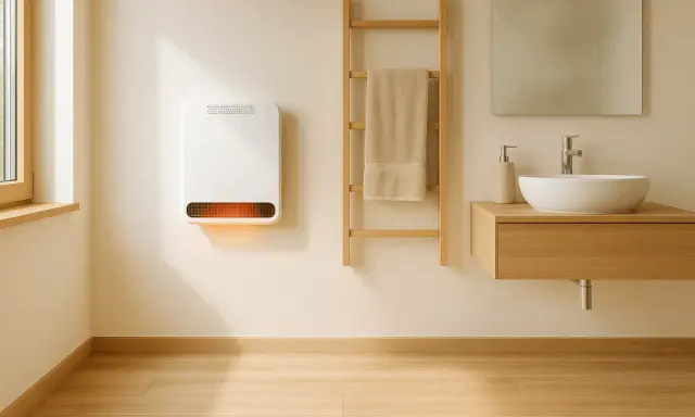 Chauffage salle de bain mural blanc diffusant une douce chaleur orangée. Un porte-serviettes en bois et un lavabo complètent l'ensemble.