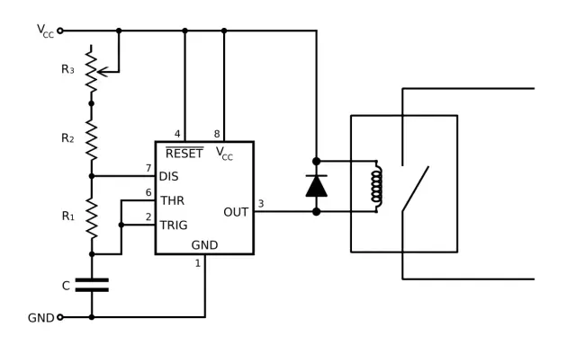 Schéma d'un variateur de puissance pour résistance chauffante utilisant un circuit intégré, un condensateur, des résistances et un relais.