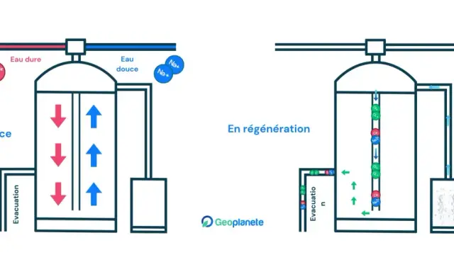 Schéma illustrant le réglage mixing adoucisseur : en service, l'eau dure est traitée pour devenir douce ; en régénération, le système se recharge en sel.