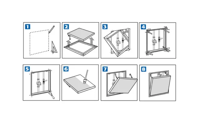 Instructions pour installer un **joint de trappe**. Les étapes montrent le traçage, l'assemblage du cadre, la fixation des tuyaux, l'application du joint, et la pose de la trappe.