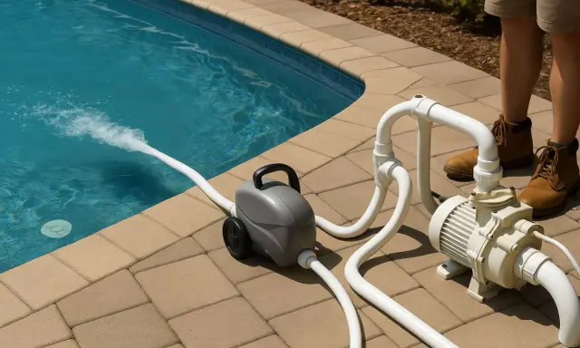 Pompe de piscine avec tuyaux et jet d'eau dans la piscine.