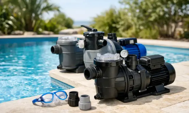 Plusieurs pompes de piscine, avec un tableau de puissance, sont alignées sur le bord d'une piscine bleue. Des lunettes de plongée sont posées à côté.