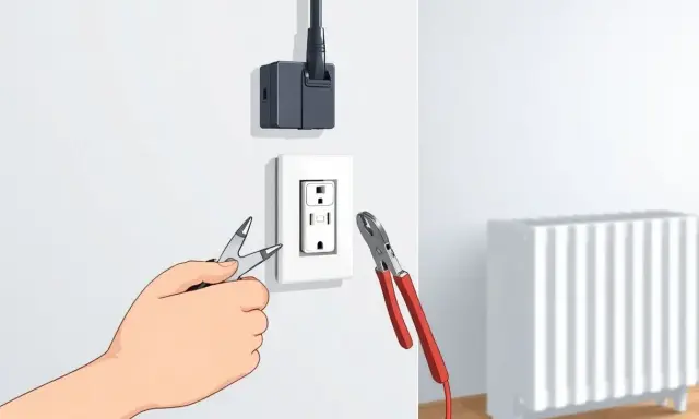 Main tenant modifie une prise électrique pour la transformer en prise radiateur, avec des pinces et un adaptateur.