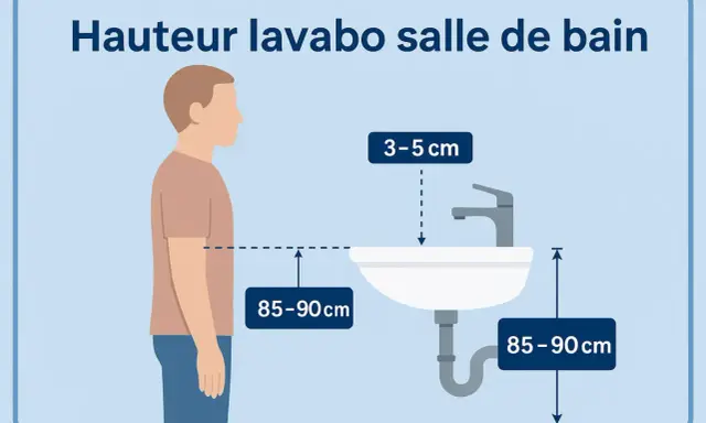 Illustration montrant la hauteur idéale d'un lavabo de salle de bain : 85-90 cm du sol, avec le robinet à 3-5 cm au-dessus du bord.