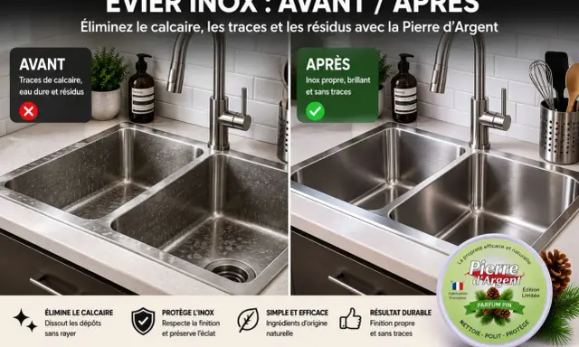 Avant/après d'un évier inox : le nettoyage de la cuve inox révèle un éclat sans traces grâce à la Pierre d'Argent.