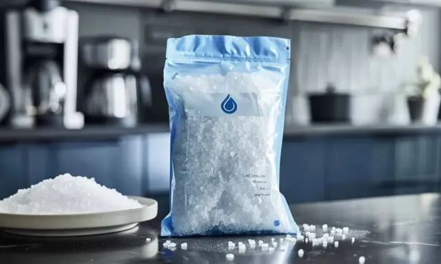 Un sachet de sel pour adoucisseur d'eau, avec une assiette de sel à côté. Idéal pour une consommation maîtrisée.