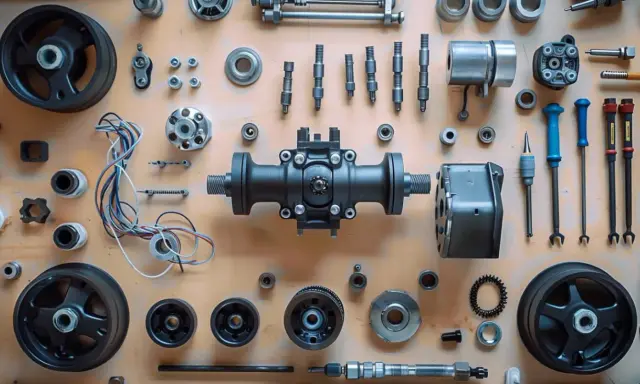 Vue éclatée de pièces mécaniques, dont une **tête électrovanne** centrale, des roues, des vis et des outils.