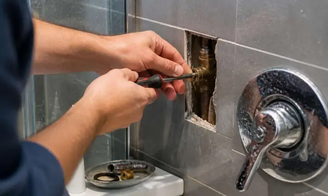 Plombier ajustant une pièce de robinetterie avec un tournevis. Un flexible renforcé est visible dans le mur.