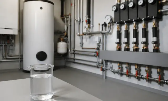 Un bécher d'eau claire devant un chauffe-eau et un système de tuyauterie complexe. Est-ce une eau dure ?