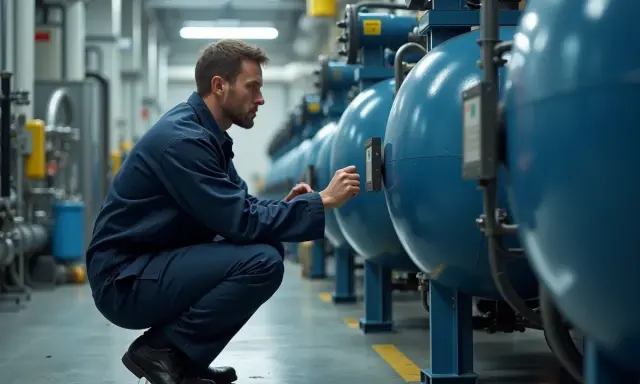 Un technicien en combinaison bleue effectue une prise d'échantillon sur de grandes cuves bleues dans une usine.