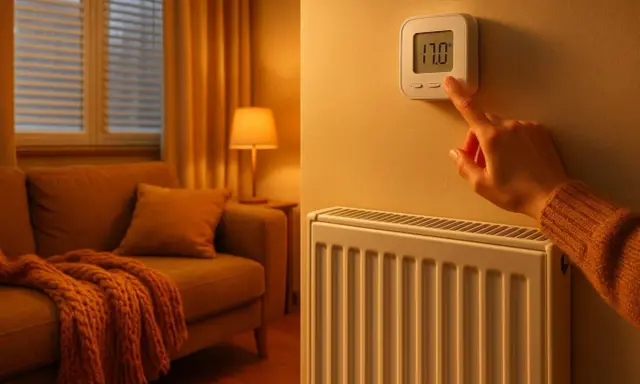 Une main ajuste le thermostat d'un radiateur dans un salon confortable. Un autre radiateur est visible à gauche, près d'un canapé.