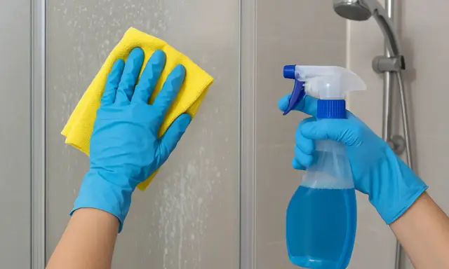 Mains gantées en bleu nettoient une paroi de douche entartrée avec un chiffon jaune. Un spray bleu est prêt à enlever le calcaire douche.