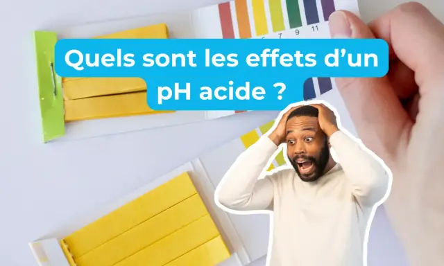 Un homme choqué découvre les effets d'un pH acide avec des bandelettes de test.