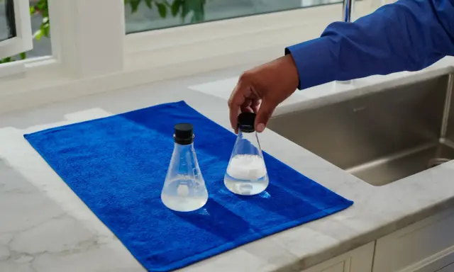 Main tenant une fiole pour mesurer th eau, posée sur une serviette bleue à côté d'une autre fiole.