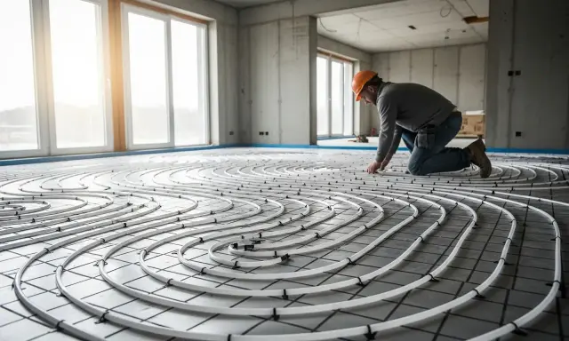 Un ouvrier installe un réseau de tubes pour un plancher chauffant électrique. Il est essentiel de bien comment tester un plancher chauffant électrique avant de couler la chape.