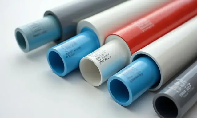 Plusieurs tuyaux en plastique de différentes couleurs (bleu, blanc, rouge, gris) sont alignés, certains emboîtés.
