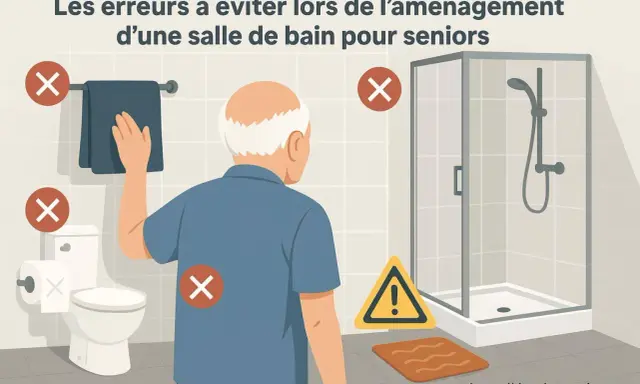 Illustration montrant une salle de bain avec des erreurs à éviter pour une salle de bain pmr. Un homme âgé est présent.