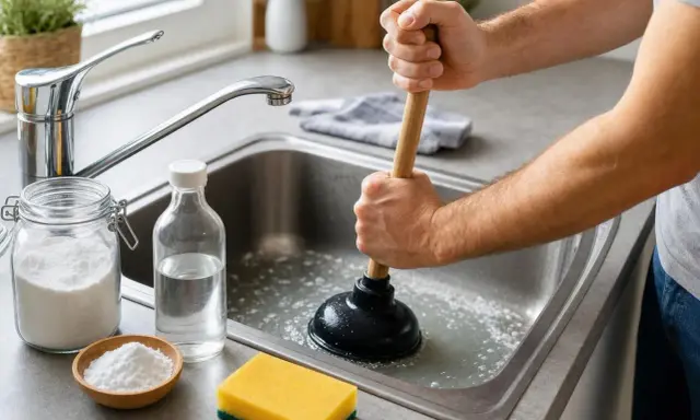 Un homme utilise une ventouse pour essayer de déboucher un évier, mais c'est impossible de déboucher les toilettes. Du bicarbonate de soude et du vinaigre sont à proximité.