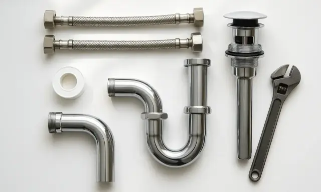 Ensemble de plomberie chromé : tuyaux flexibles, siphon, bonde et clé. Prêt pour un raccord SMS parfait.