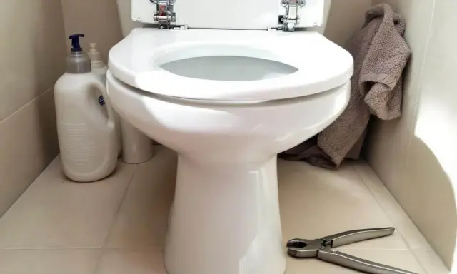 Préparez-vous à changer l'abattant WC. Nettoyants, serviette et pince à portée de main pour le bricolage.