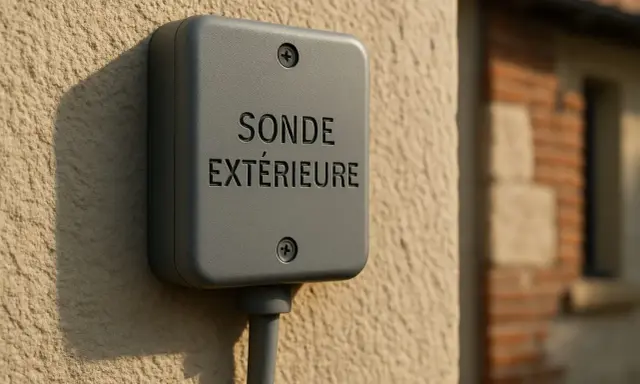 Boîtier gris fixé au mur, marqué "SONDE EXTÉRIEURE". Un câble en sort.