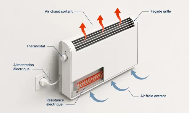 Radiateur électrique : alimentation, thermostat, résistance chauffante, air froid entrant et air chaud sortant.