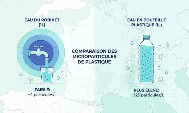 Comparaison : eau du robinet (4 ppm) vs eau en bouteille (325 ppm). L'eau du robinet est bien moins contaminée par les microplastiques.