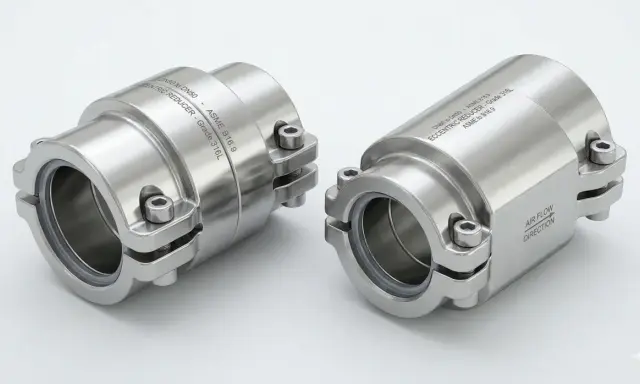 Deux réducteurs excentriques en acier inoxydable, une double bride pour une connexion parfaite.