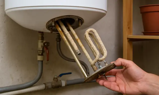 Main d'un homme tenant une résistance de chauffe-eau entartrée par le calcaire. L'eau chaude ou froide peut causer ce problème.