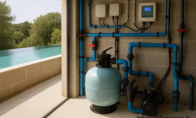 Le plan local technique piscine montre le système de filtration, la pompe et le panneau de contrôle, prêts à maintenir l'eau cristalline.