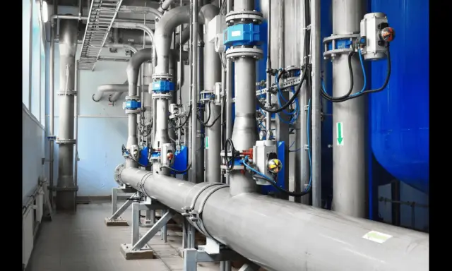 Système de tuyauterie industrielle avec plusieurs vannes à bride bleues et grises, contrôlant le flux dans une usine.