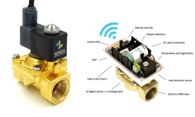 Électrovanne en laiton avec boîtier électronique connecté, étanche et autonome.