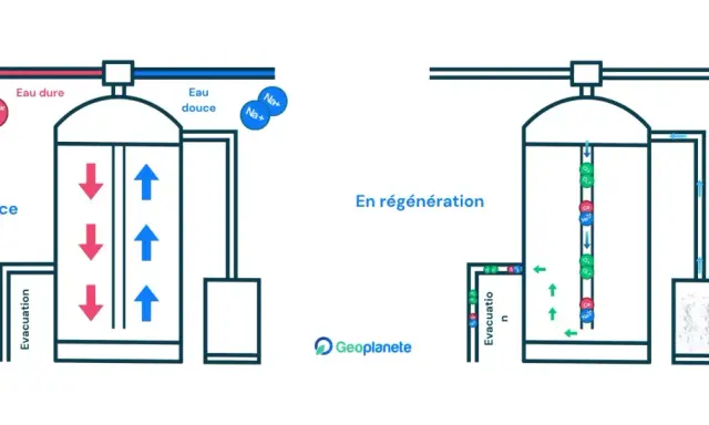 Schéma bypass adoucisseur : en service, l'eau dure (Ca++, Mg++) entre, l'eau douce (Na+) sort. En régénération, le sel du bac régénère la résine.