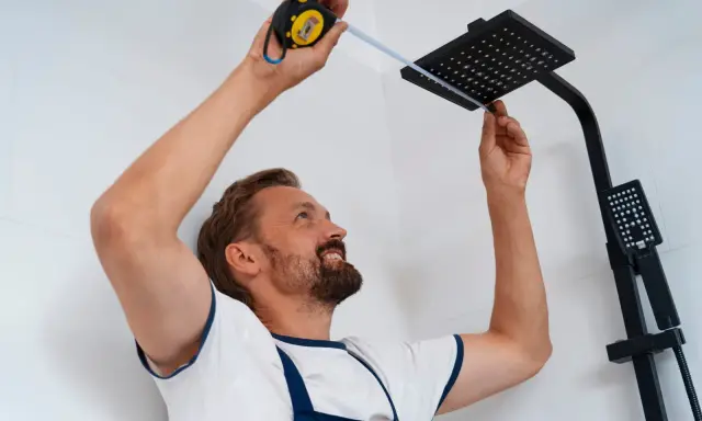 Un homme mesure avec un mètre ruban pour installer une colonne de douche noire dans une salle de bain carrelée.