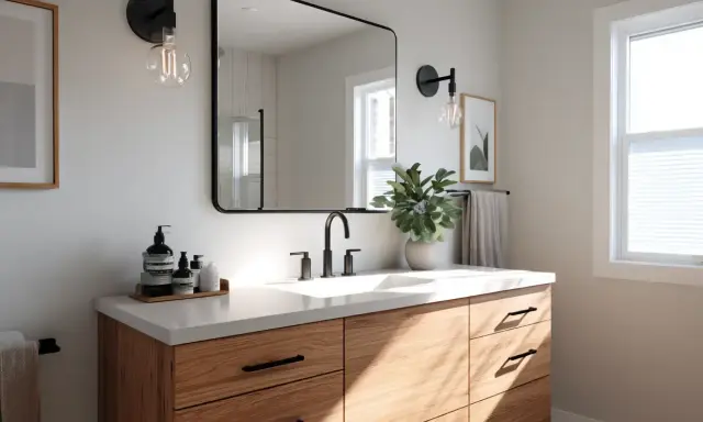 Une salle de bain moderne avec un meuble-lavabo en bois, un grand miroir, des appliques murales et une plante verte. Idéal pour peindre une salle de bain.
