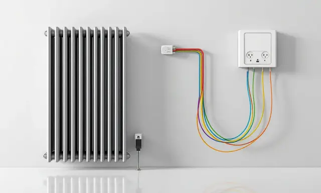 Radiateur argenté avec un branchement radiateur électrique coloré. Un boîtier mural blanc avec prises et câbles arc-en-ciel.