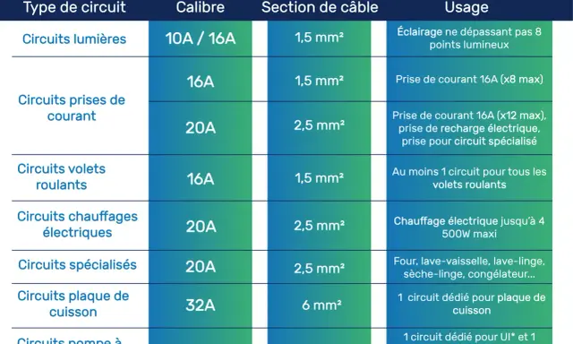 Tableau des circuits électriques : éclairage, prises, volets roulants, chauffages électriques, spécialisés, plaque de cuisson, pompe à chaleur. Le disjoncteur radiateur est mentionné dans les chauffages électriques.