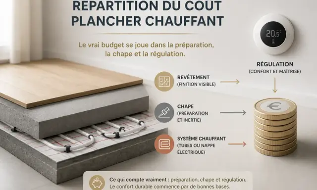 Coupe d'un plancher chauffant montrant la chape, essentielle pour l'inertie et la préparation. Le coût se joue ici.