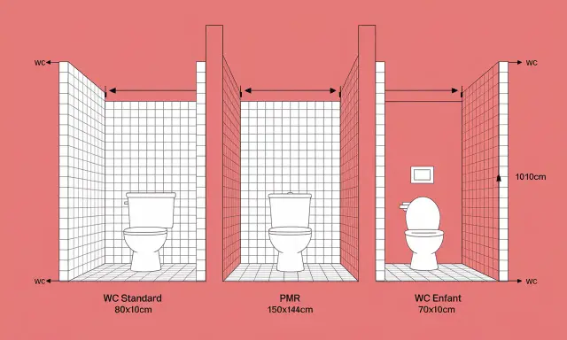 Comparaison des dimensions des toilettes : standard (80x10cm), PMR (150x144cm) et enfant (70x10cm).