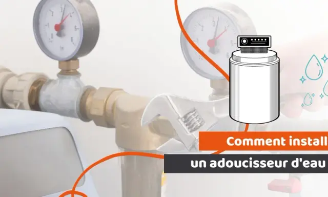 Schéma d'une installation adoucisseur d'eau avec manomètres, clé et gouttes d'eau.
